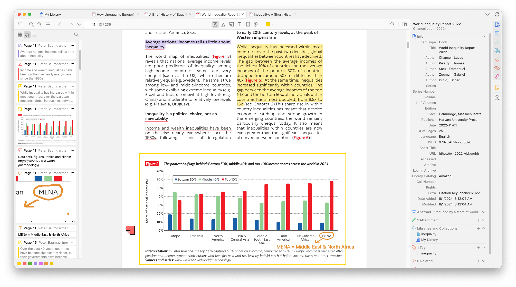 The screenshot shows different types of annotations with Zotero in a PDF. The page is divided horizontally into three parts. From left to right: a small sidebar (about 10% width) with the content of the annotations, the document with the annotations (about 70% width), and the context pane with metadata.