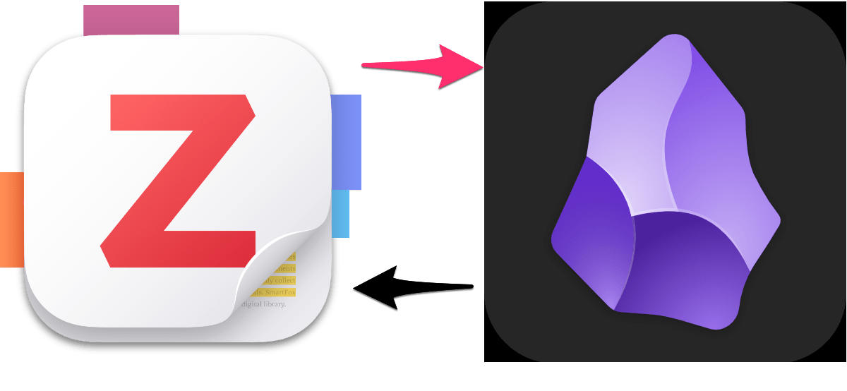The Zotero application icon is on the left, and the Obsidian icon is on the right of the image. Both icons have two arrows, one pointing from Zotero to Obsidian and the other from Obsidian to Zotero.